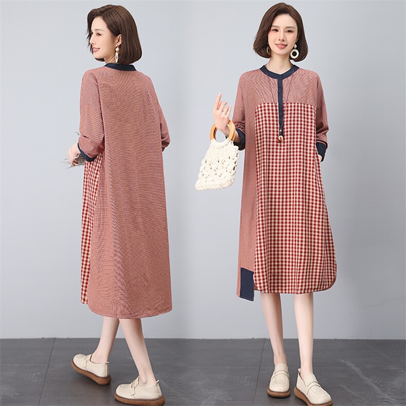 格子衬衫连衣裙女2025秋季中长款气质新款宽松显瘦棉短袖格子裙，女装连衣裙，江忆布依