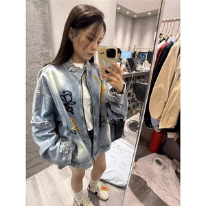 美式街头潮牌花卉刺绣立领夹克男女秋季高街痞帅复古水洗牛仔外套图片