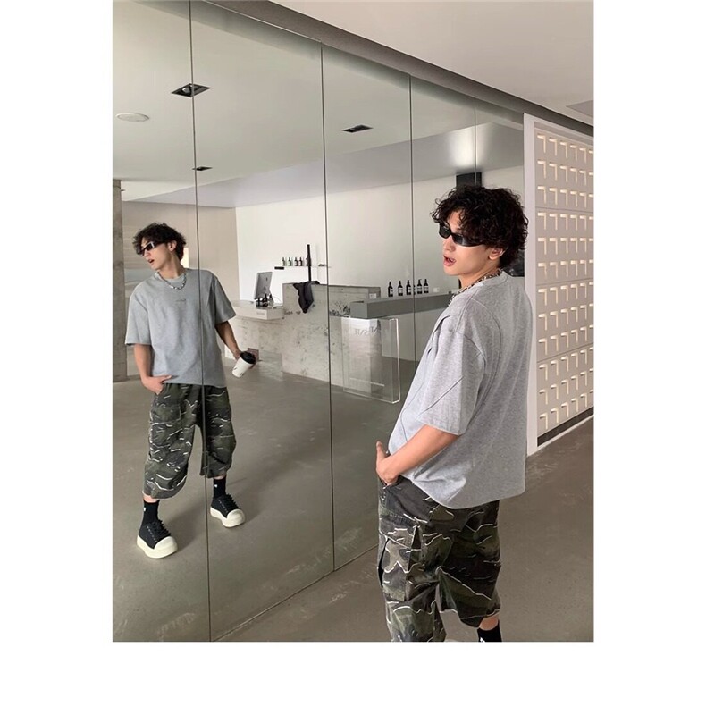夏季新款拼接贴布时尚男士T恤痞帅个性休闲潮牌圆领短袖宽松上衣图片