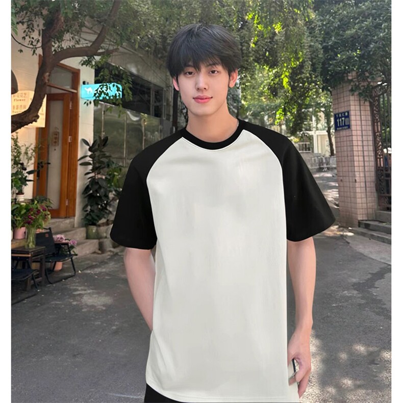 抖音得物高品质二开240克宽松纯棉美式潮牌插肩袖拼接短袖T恤，男装T恤，电商A486-1