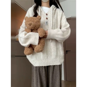 美式情侣提花毛衣女冬季加厚连帽长袖套头针织衫保暖上衣2025新款图片