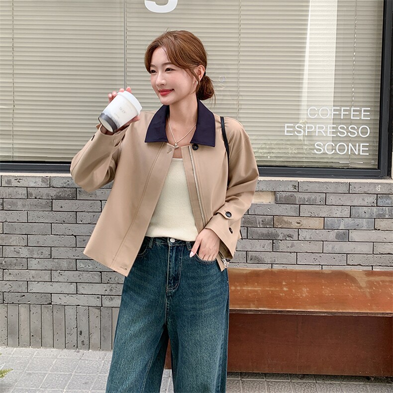 秋装新款撞色翻领短款风衣外套-2d075-p155-k210,女装短外套,2D075
