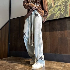 美式高街设计感星星刺绣水洗牛仔裤男女潮牌嘻哈宽松垂感阔腿长裤，男装牛仔裤，四季星座218-1