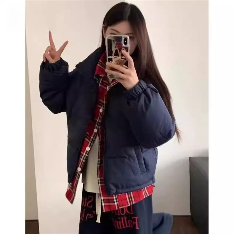 假两件格子衬衣棉服男女同款宽松加厚棉衣情侣开衫外,男装衬衫,星座506A