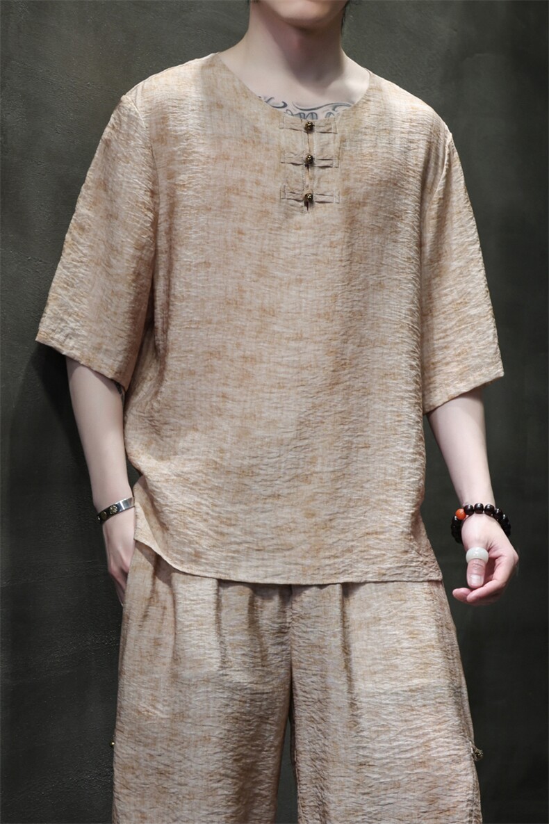 2025夏季新款男装禅服风冰丝印花盘扣唐装短袖T恤C105-P45,男装T恤,电商B277(原6028)
