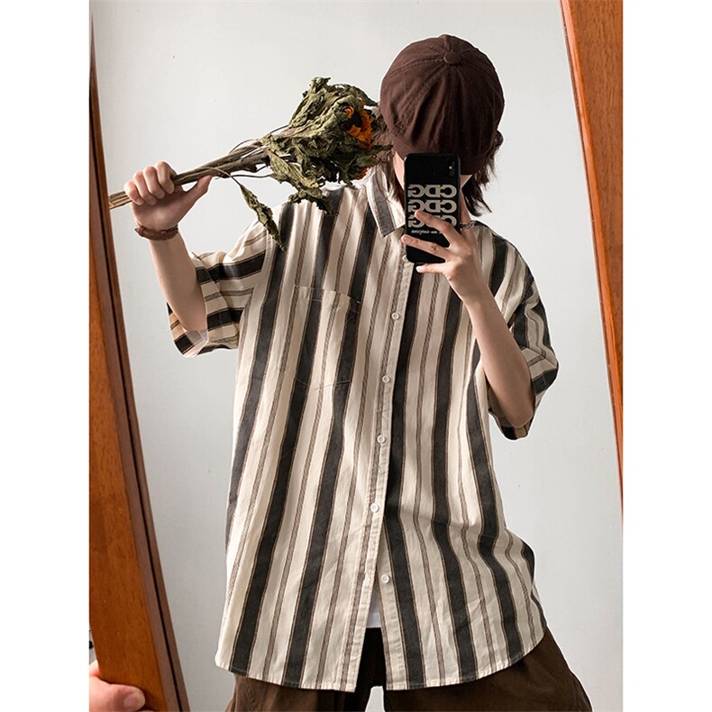 夏男短袖衬衫条纹拼接纯棉宽松短衬衣CS205P30,男装衬衫,星座1013-1