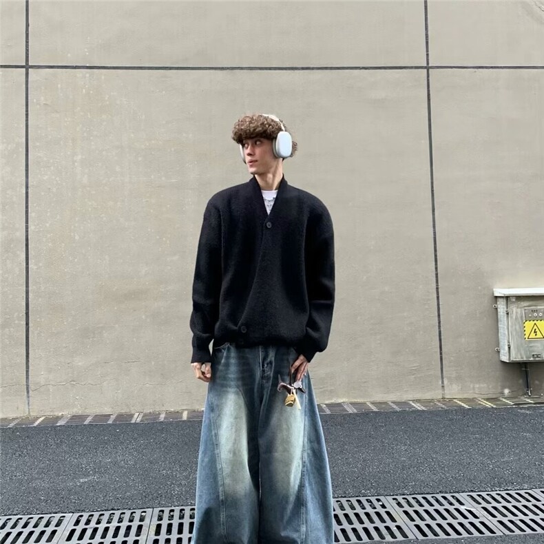 黑色v领道袍毛衣开衫男春秋潮牌高级感针织衫宽松慵懒老钱风外套,男装针织衫/毛衣,星座218-1（原230）