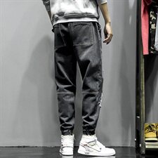 2021春季新大码日系束脚字母印花破洞拼接九分牛仔裤男N8102-P55，男装牛仔裤，电商A001