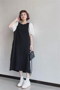 夏季新款欧货洋气拼接泡泡袖连衣裙,女装连衣裙,L·H·X