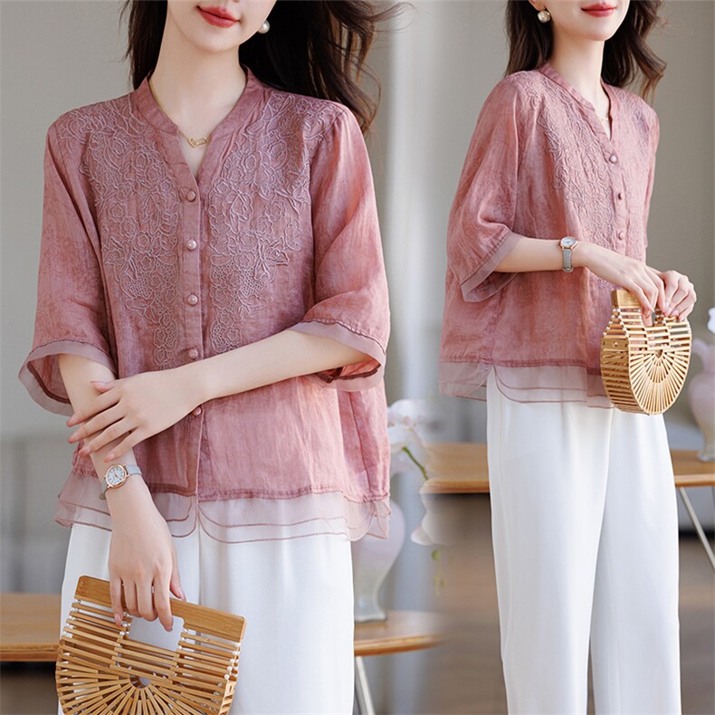 文艺复古苎麻刺绣五分袖衬衫女2025夏季新款宽松洋气减龄小衫上衣，女装衬衫，余墨