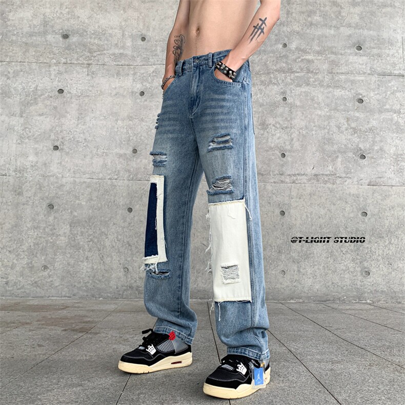 B221 美式ins高街小众个性乞丐裤直筒破洞牛仔裤 LK23099-P65控88图片