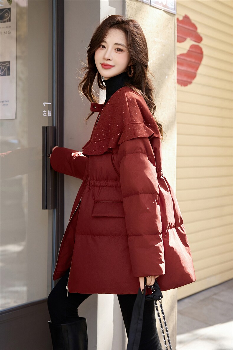 拼接羽绒服女中长款冬季2025新款宽松圆领加厚白鸭绒外套,女装羽绒服,冬木谷雨