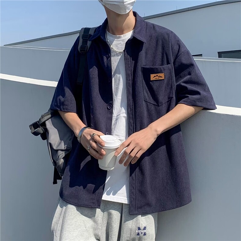 日系五分袖春夏季新款衬衫潮流慵懒男方领宽松型衬衫ED25P28图片