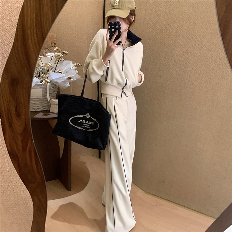 韩版休闲运动套装女春季新款高级感显瘦立领卫衣时尚阔腿裤两件套,女装套装/套裙,2C310