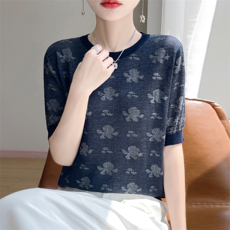 夏季新款天丝提花圆领短袖女宽松百搭显瘦时尚休闲上衣,针织衫/毛衣,暖娇绒
