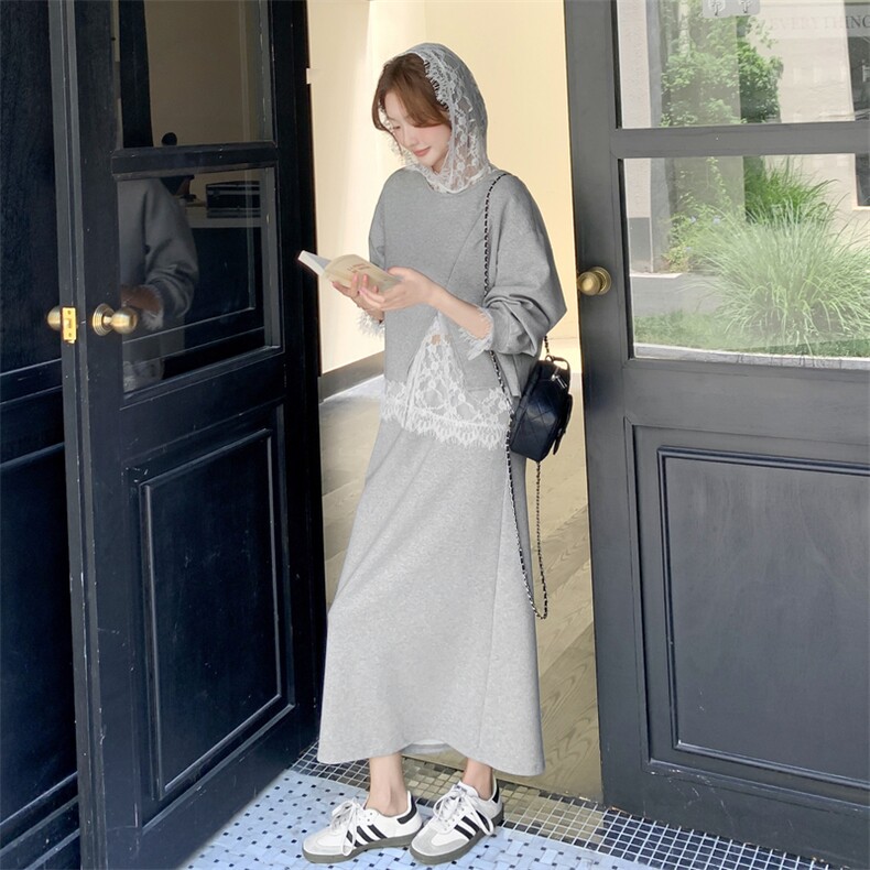韩系运动休闲套装女2025秋季新款时尚蕾丝上衣卫衣半身裙三件套,女装套装/套裙,2C170