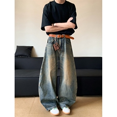 夏季美式复古重工水洗牛仔裤男宽松休闲弯刀长裤N0608-P50，男装牛仔裤，星座308B-1