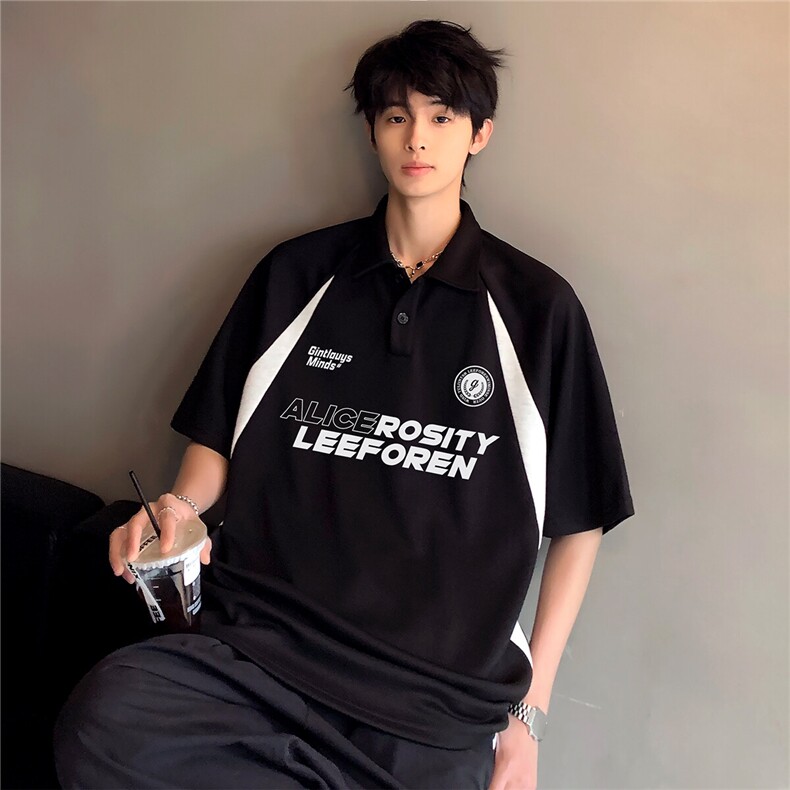 翻领美式潮牌POLO衫半袖男女同款撞色拼接百搭插肩袖T恤T68-P38,男装T恤,电商C307