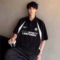 翻领美式潮牌POLO衫半袖男女同款撞色拼接百搭插肩袖T恤T68-P38，男装T恤，电商C307