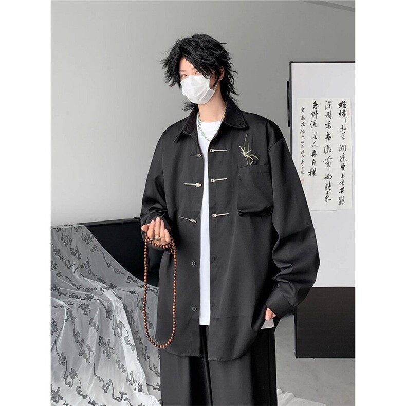 CP1185-P39风刺绣新中式衬衫男宽松潮长袖上衣古风唐装衬衣,男装衬衫,电商B323A
