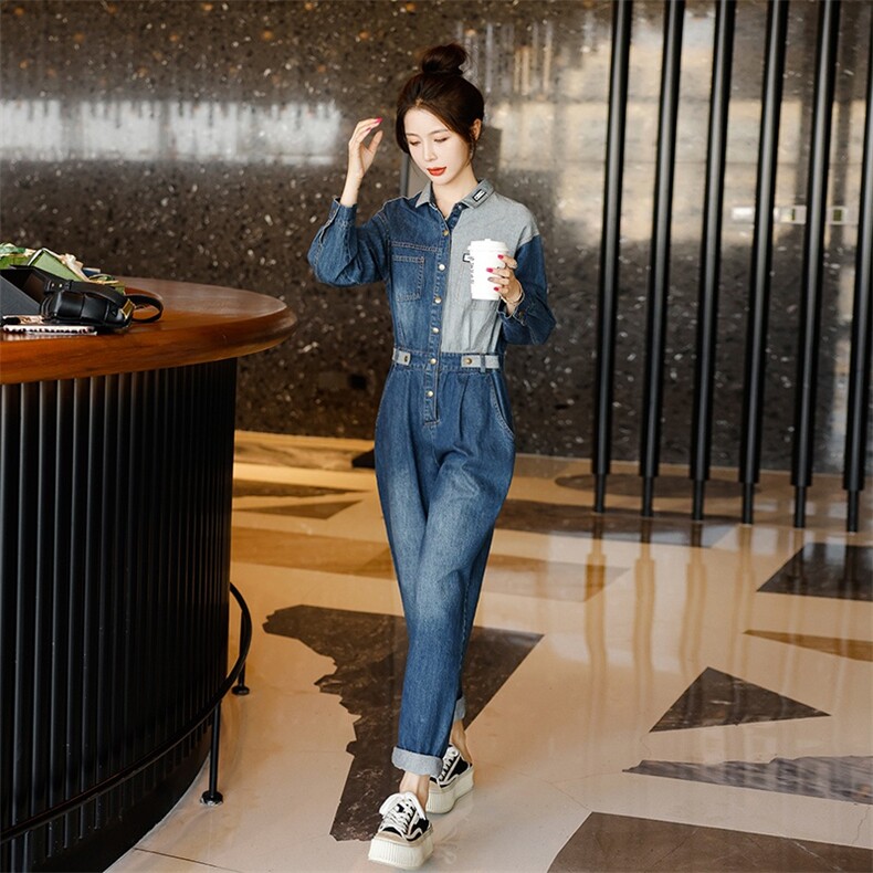 拼接牛仔连体裤女2025春秋新款高端设计感炸街显瘦连身裤,女装连体裤,秋水欣儿