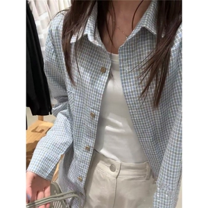 小蓝格 浅春系全棉格子衬衫清新复古宽松休闲衬衣外套春夏图片