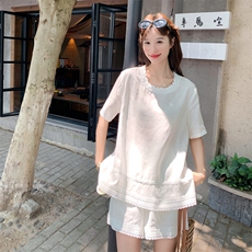 白色蕾丝拼接衬衫短裤套装女夏韩里韩气极简设计感两件套小众爆款，女装套装/套裙，2D076