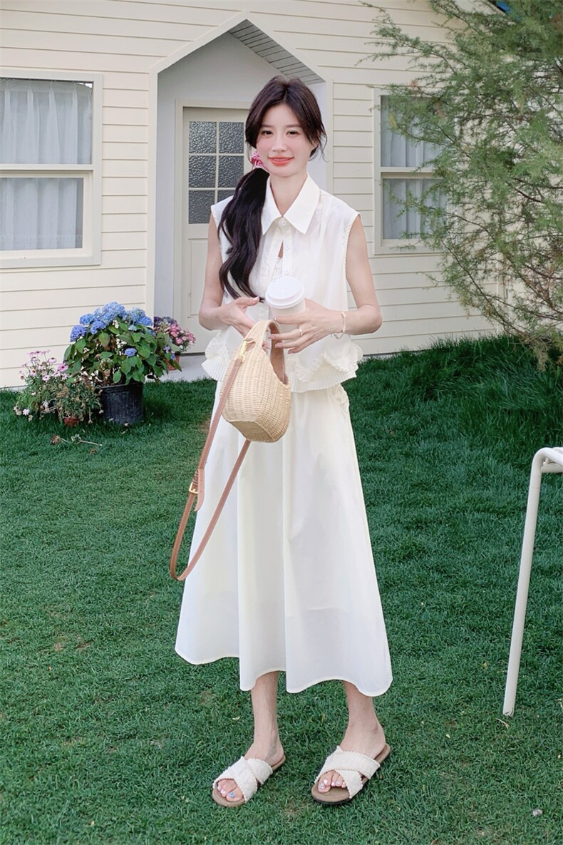 木耳边无袖白色背心上衣阔腿裤套装女夏巨好看流行两件套韩系爆款,女装套装/套裙,2C135