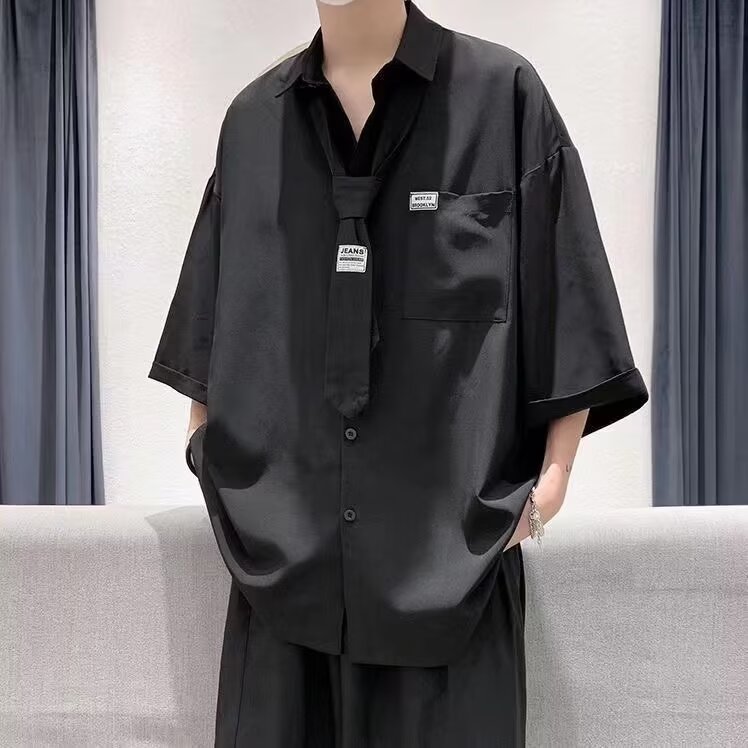 潮牌简约纯色高街配领带短袖衬衫夏季薄款宽松休闲衬衣CAA01-P30,男装T恤,星座208-5
