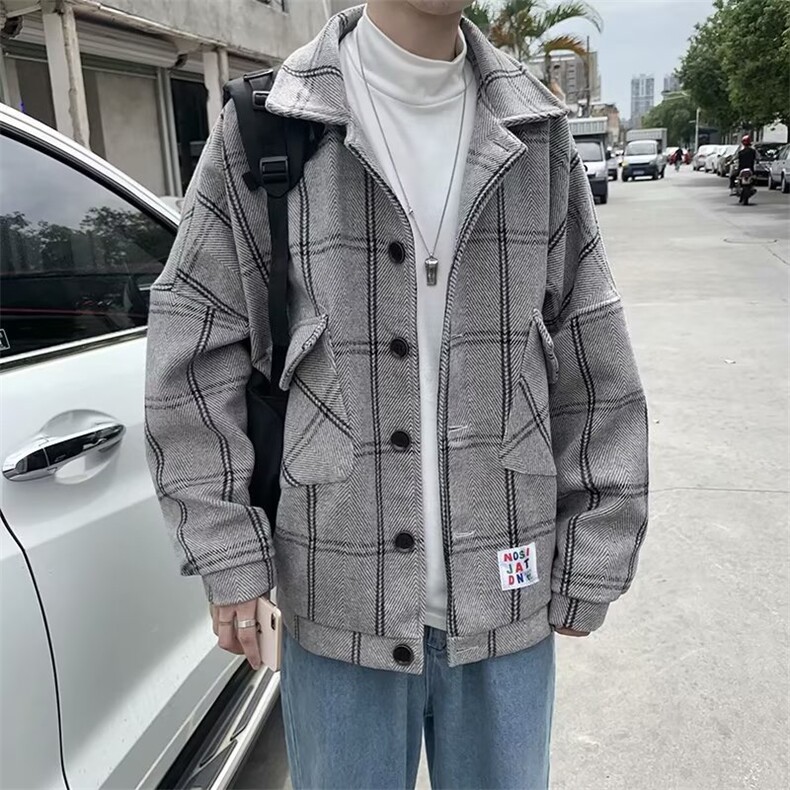 格子外套男oversize秋冬ins短款呢大衣M406P65加厚款75,男装毛呢大衣,星座1116-2