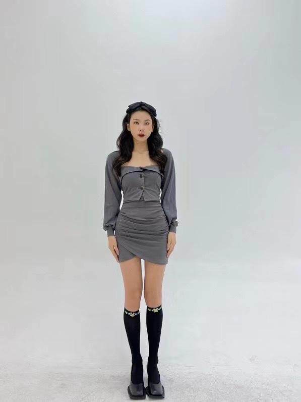 铁灰色修身性感套装，女装职业装，HE