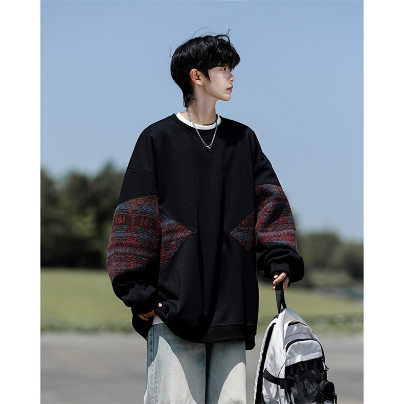 8XL-M 春秋季圆领拼接撞色民族风卫衣男新款潮牌上衣服WY005P58图片