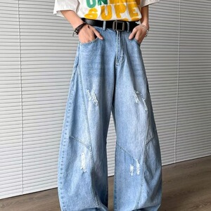 1506/Q4100/P56美式春秋高腰显瘦直筒裤百搭弯刀阔腿拖地感长裤图片