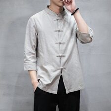 2021新款中国风男装棉麻七分袖衬衫男盘扣唐装QT6008-1/CS066/P70，男装衬衫，电商A008