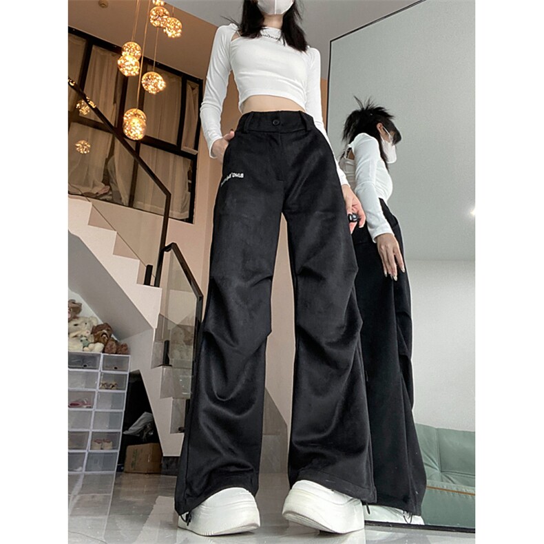 秋款男女鹿皮绒休闲裤字母印花褶皱抽绳束脚中性风长裤h972P50,男装休闲裤,星座1013-1