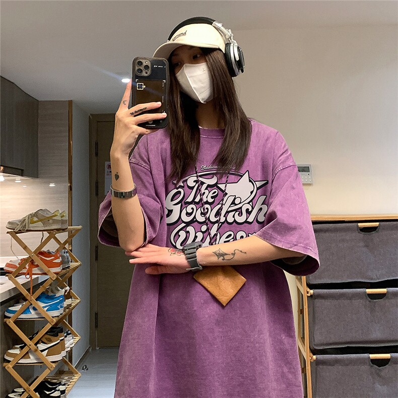 水洗做旧几何印花短袖男女中性风夏季T恤宽松版型港风ins潮流图片