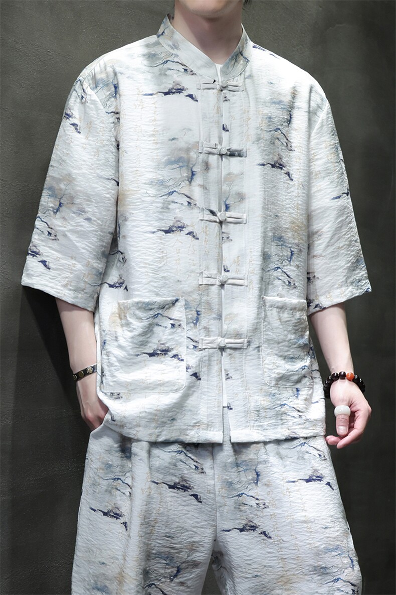 2025夏季新款风男装盘扣新中式唐装书法印花衬衫C113-P50,男装衬衫,电商B277(原6028)