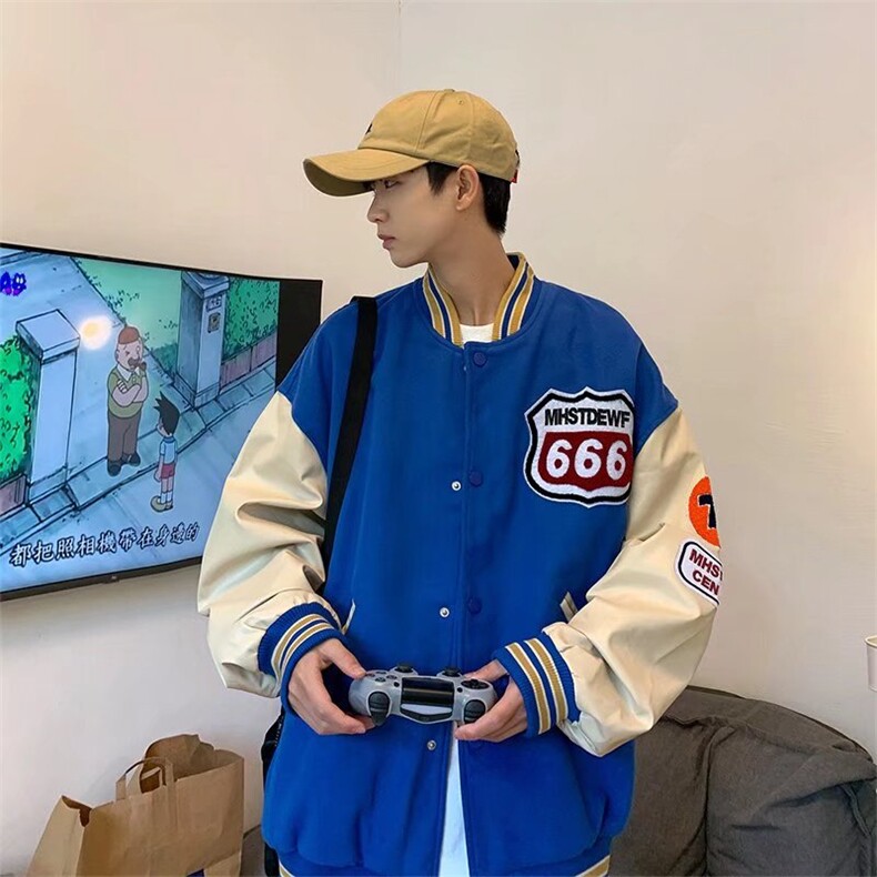 男夹克青少年立领毛呢拼皮袖子棒球服外套W124P50,男装夹克,星座1116-2