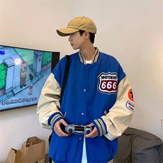 男夹克青少年立领毛呢拼皮袖子棒球服外套W124P50，男装夹克，星座1116-2