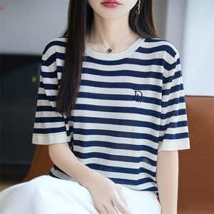 夏季新款100%莱赛尔天丝针织短袖女V领条纹拼色上衣打底宽松半袖图片