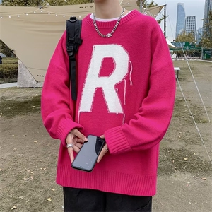 美式街头设计感圆字母R毛衣男慵懒风休闲针织衫Y21P42图片