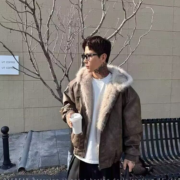 网图现货 美式宽松连帽兔毛座山雕加厚PU皮棉服MY90/P115图片