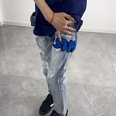 新款老虎刺绣牛仔裤男小脚显瘦破洞个性贴布潮流弹力男休闲裤，男装休闲裤，星座506A
