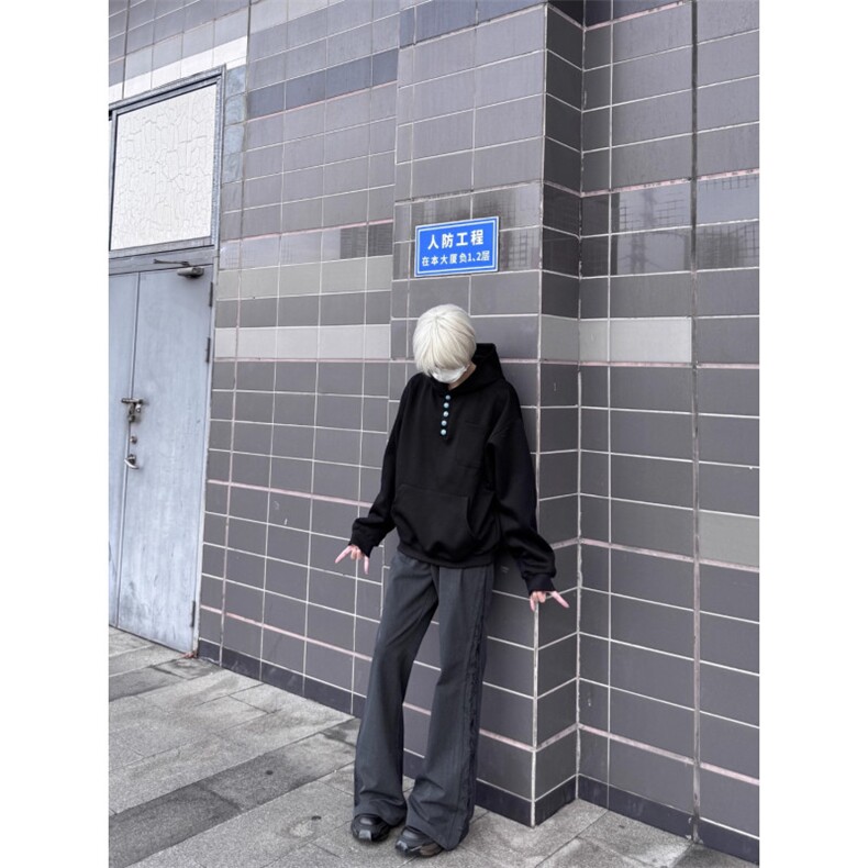 覆古玛瑙纽扣口袋连帽卫衣秋冬男女纯色百搭帽衫WY05,男装卫衣,星座208-5