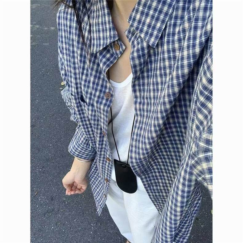 W563-P38美式复古蓝色格子衬衫女秋宽松oversize原宿衬衣外套,男装衬衫,星座911-1