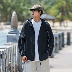 夏男防晒衣连帽反光条纹拼接抽绳夹克外套FS323P45，男装夹克，星座1013-1