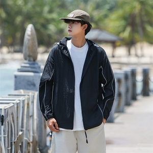 夏男防晒衣连帽反光条纹拼接抽绳夹克外套FS323 P45图片