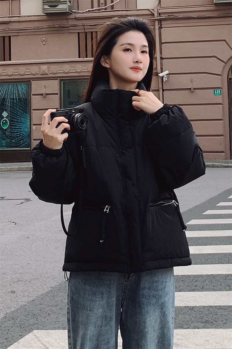 韩版宽松BV绿立领加厚绿色羽绒服女2022冬季新款短款外套90白鸭绒,女装羽绒服,梦懿尔