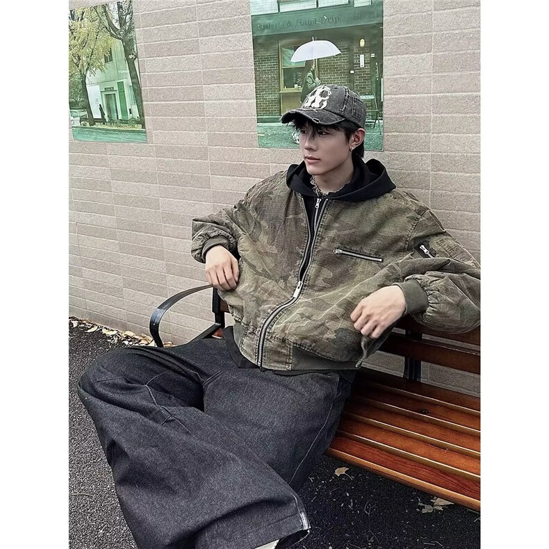 美式假两件连帽迷彩外套工装潮牌棒球服炸街飞行夹克男,男装夹克,星座410-6（原星座1304-1）