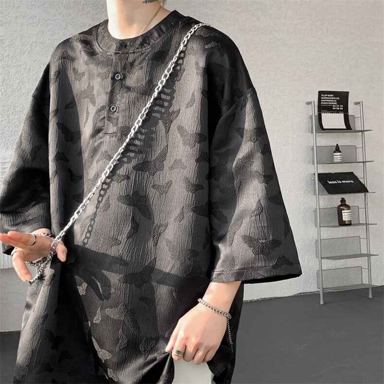 8XL-M风蝴蝶t恤大码唐装新中式七分袖棉麻冰丝短袖DX1208P48,男装T恤,电商B238